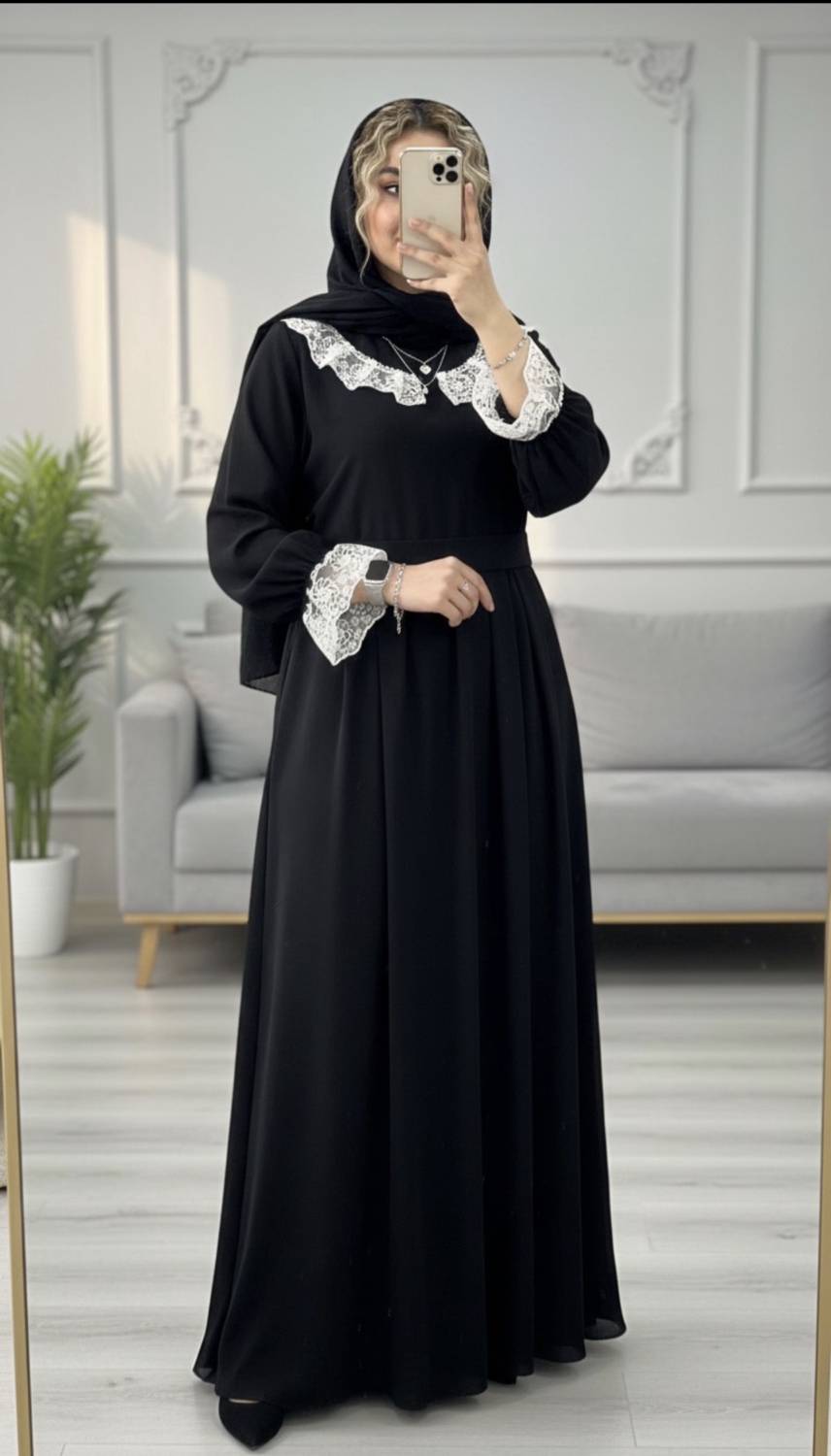 عبا زنانه مشکی یقه گیپور الیزه ، ارسال رایگان