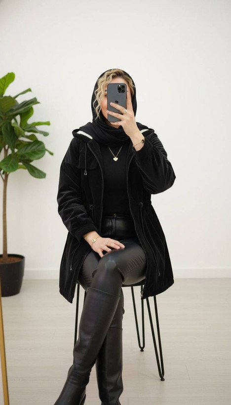 کاپشن زنانه هستی ، مشکی سیلیکونی داخل خز