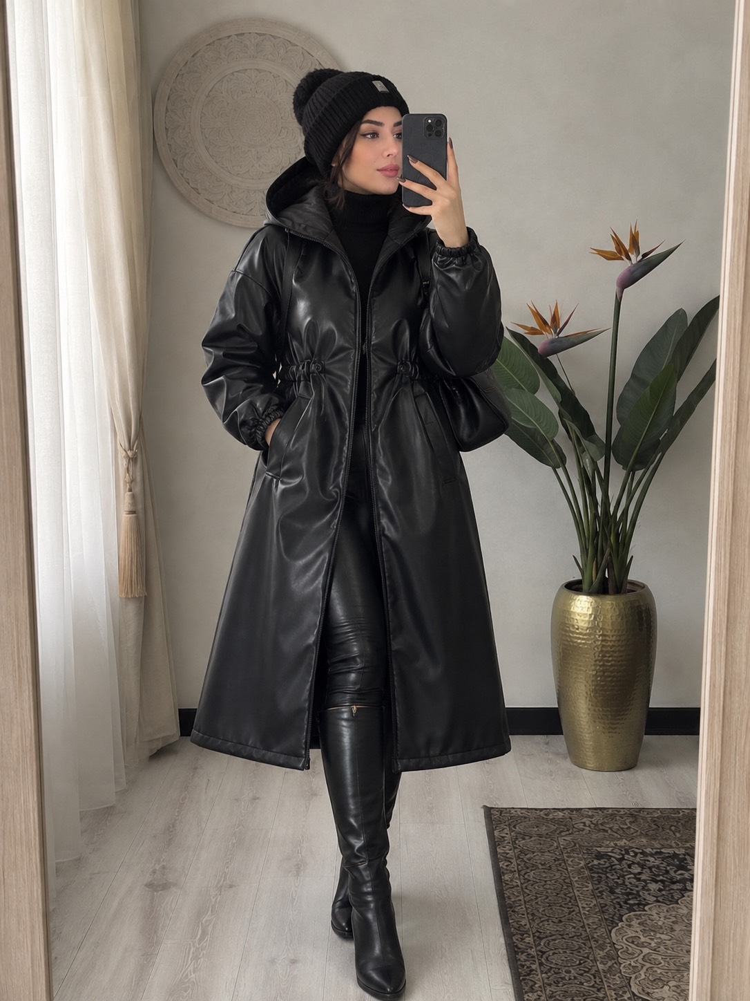 کت چرم بلند زنانه چرم تیرکمونی